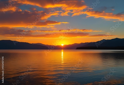 Golden sunset over a tranquil lake, with mountains silhouetted against a vibrant, cloud-filled sky.