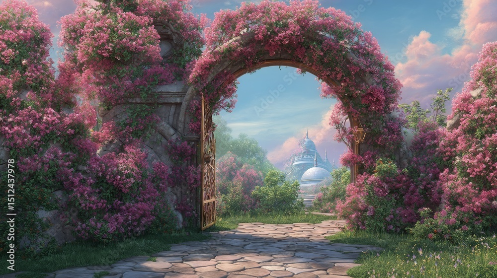 Fototapeta premium Floral Archway to Fantasy Cityscape Digital Painting, Stone Arch, Bougainvillea, Dreamlike Garden Digital Art, Fantasy Landscape