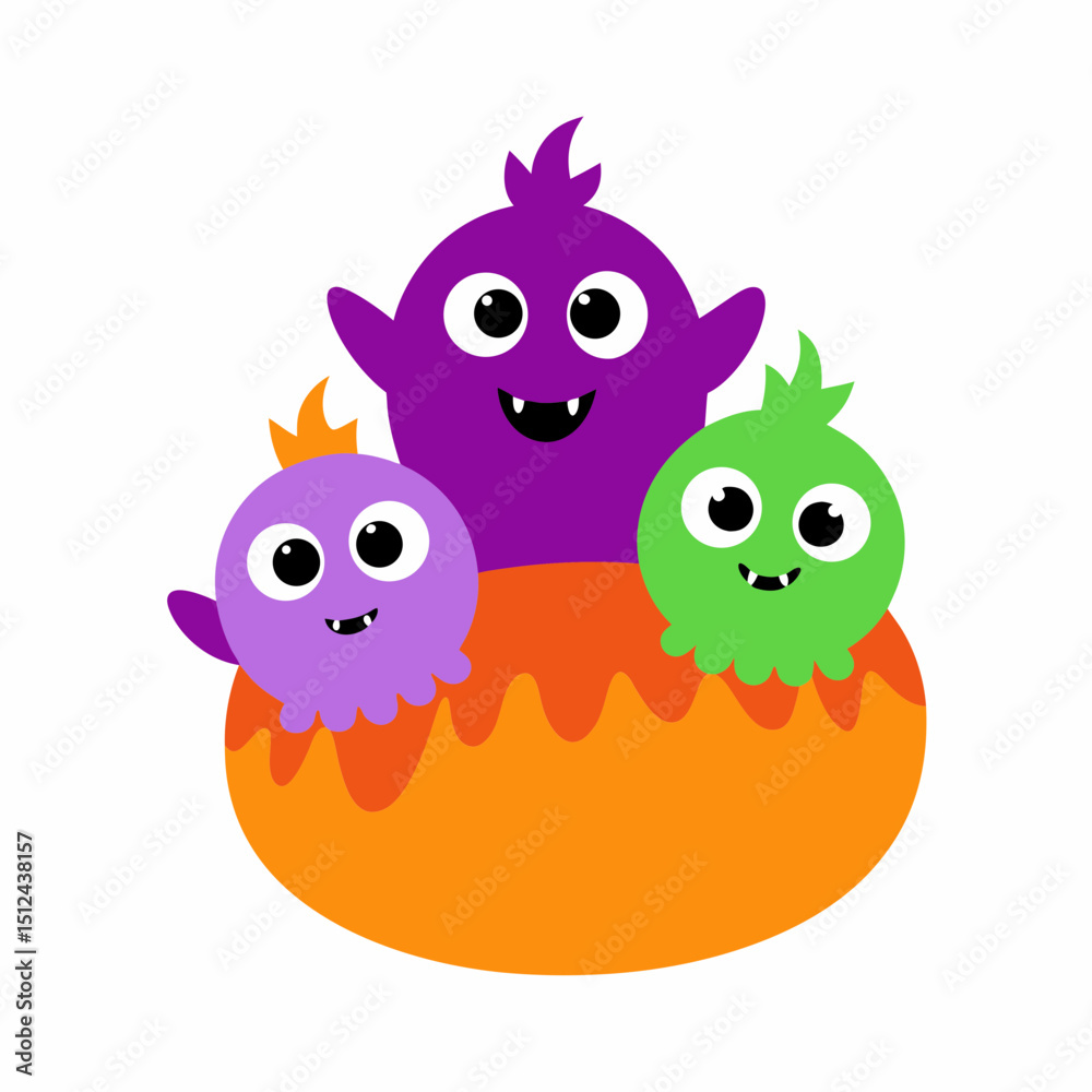 Obraz premium Cute Halloween Monsters in a Pumpkin Pot Vector Illustration