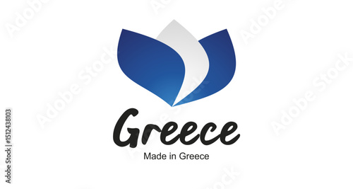 Made in Greece logo, sticker. Abstract Greece flag and ribbon in shape of leaf flower with handwritten typography lettering