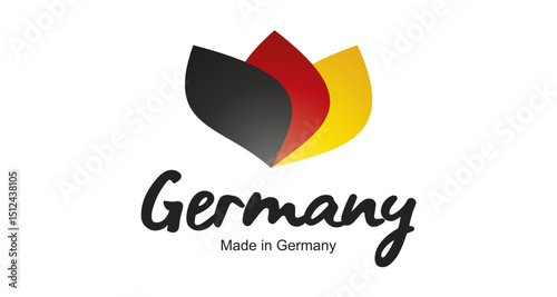 Made in Germany logo, sticker. Abstract Germany flag and ribbon in shape of leaf flower with handwritten typography lettering