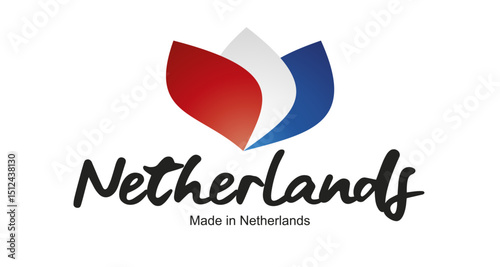 Made in Netherlands logo, sticker. Abstract Netherlands flag and ribbon in shape of leaf flower with handwritten typography lettering