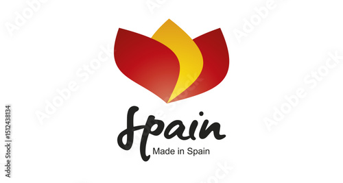 Made in Spain logo, sticker. Abstract Spain flag and ribbon in shape of leaf flower with handwritten typography lettering
