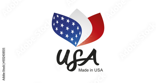 Made in USA logo, sticker. Abstract USA flag and ribbon in shape of leaf flower with handwritten typography lettering