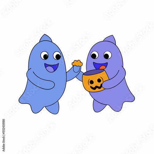 Two happy cartoon ghosts trick or treating with a pumpkin bucket