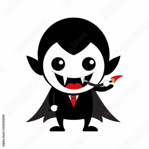 Cute Cartoon Vampire with Fangs and Cape Holding a Blood Syringe
