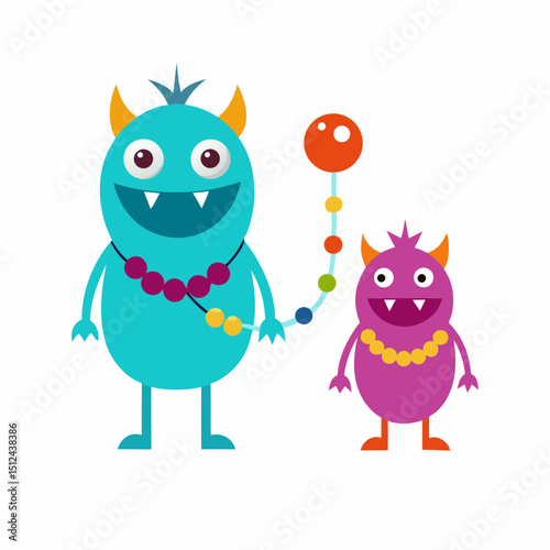 Two Cute Cartoon Monsters Holding a String of Colorful Beads