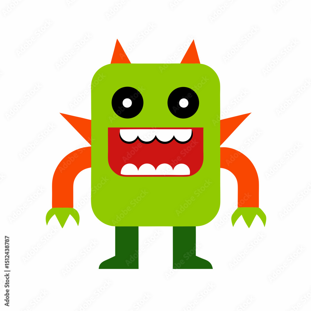 Fototapeta premium Cartoon Green Monster with Horns and Big Mouth on White Background