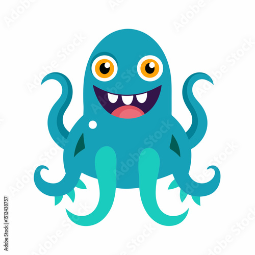 Cute Blue Cartoon Monster with Tentacles and Big Eyes Illustration