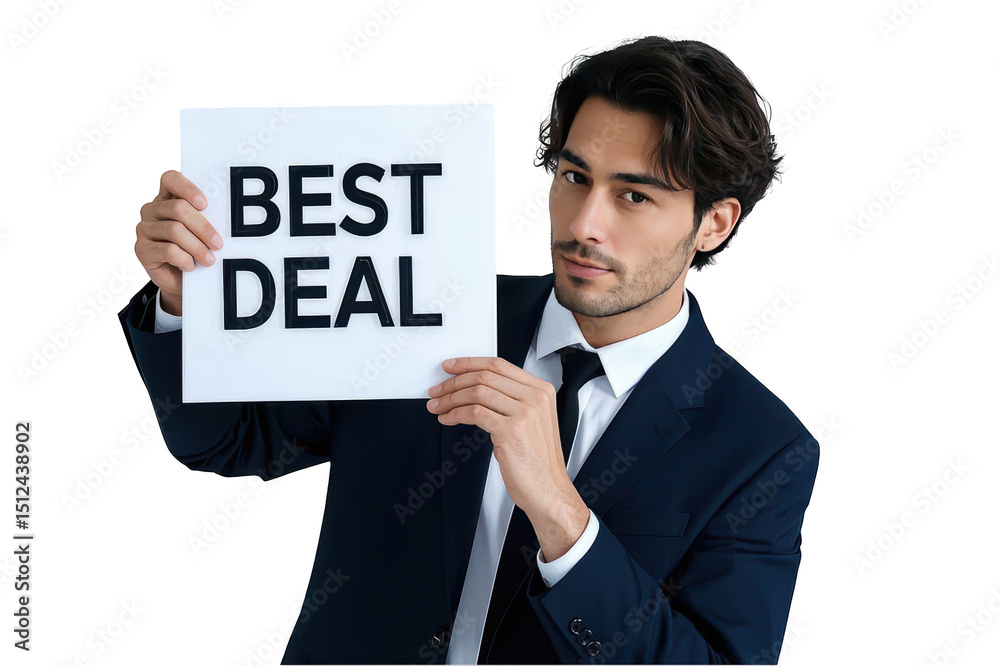 Handsome businessman holding best deal sign Handsome businessman holding best deal sign