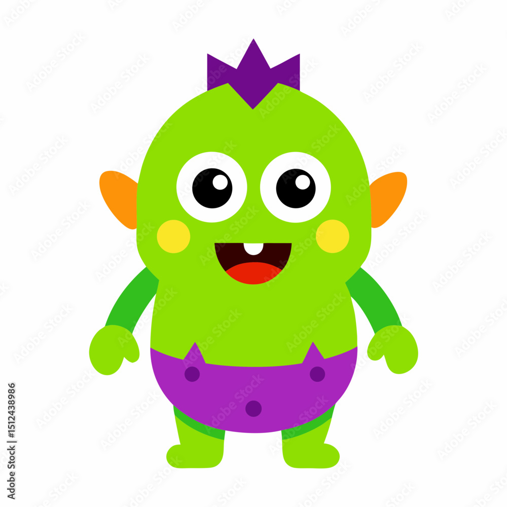 Fototapeta premium Cute Green Cartoon Monster Character with Purple Hair and Diaper