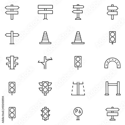 Road and Traffic Sign Icons in Outline Style on White Background