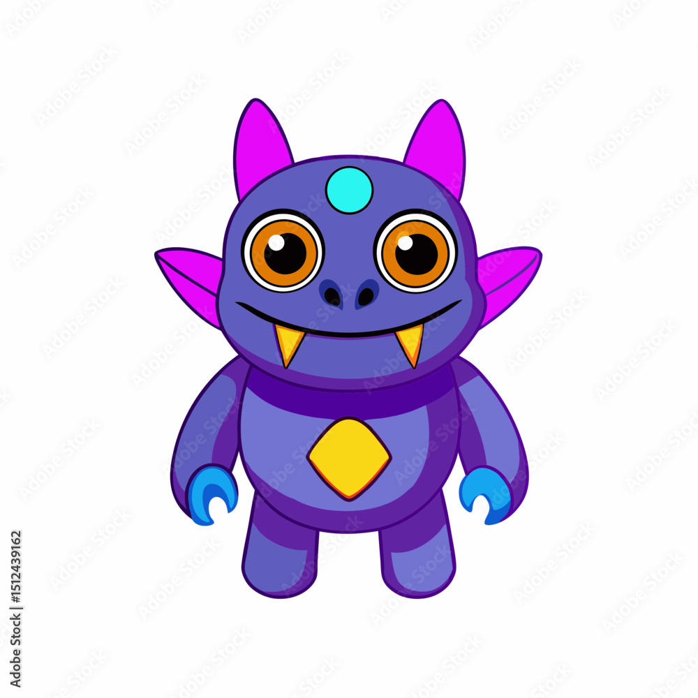 Obraz premium Cartoon purple monster with horns and fangs isolated on white background