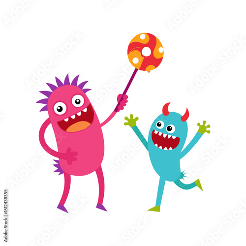 Two Funny Cartoon Monsters with a Lollipop on Isolated White Background