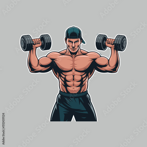Muscular Man Lifting Dumbbells – Cartoon Fitness Bodybuilder Illustration on Gray Background