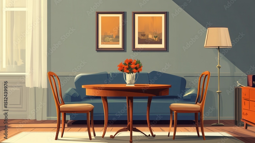 Fototapeta premium Dining space with table and chairs in living room with sofa illustration , no logos, no brands