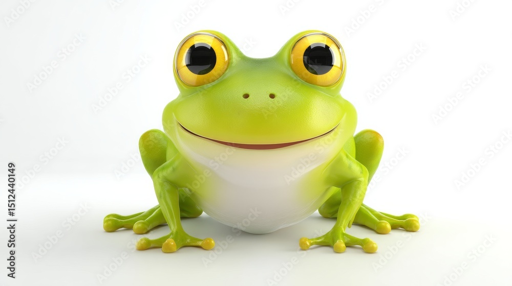Obraz premium Happy 3D Frog Front View, Cartoon, Green Amphibian, Smiling. Frog, 3D render