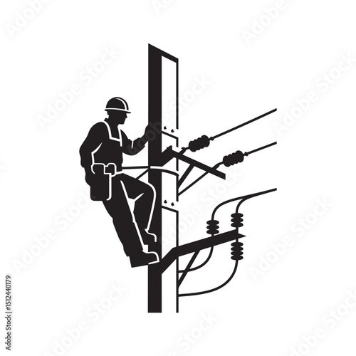Power Line Worker Silhouette – Electrical Maintenance on Utility Pole Vector Illustration