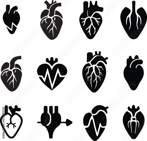 Black Anatomical Heart Icons Set Vector Medical & Artistic Symbols