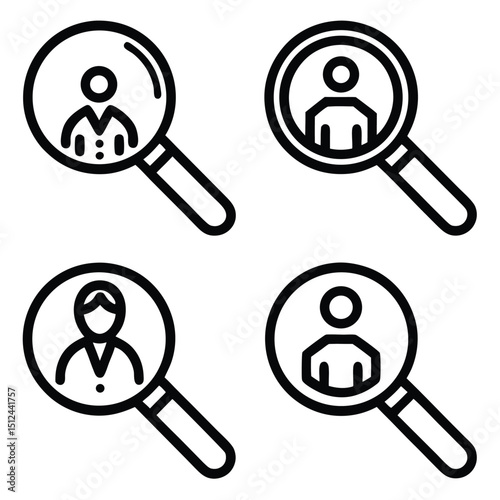 Job Search Icon Set with Magnifying Glass and Different People