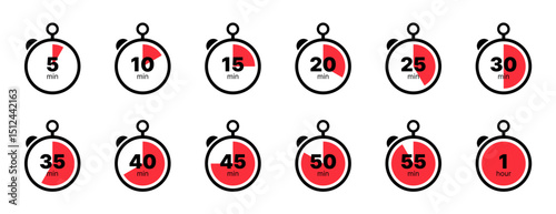 Timer clock stopwatch icon set with countdown symbols and cooking time labels. Includes minute timers, stopwatch designs, and clock arrow elements. Vector illustration for UI and display use.
