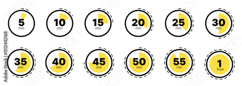 Timer clock stopwatch icon set with countdown symbols and cooking time labels. Includes minute timers, stopwatch designs, and clock arrow elements. Vector illustration for UI and display use.