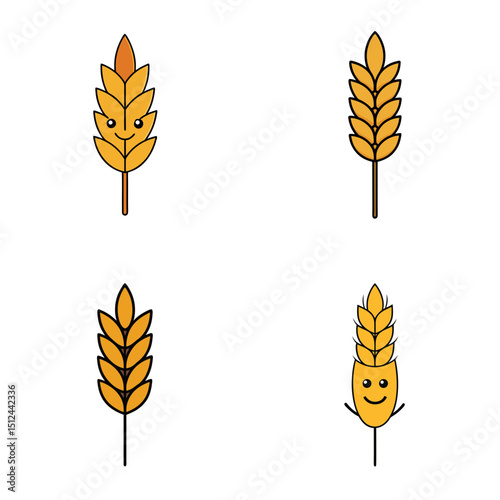 Four wheat stalks are displayed with two having faces and two without faces on a white background