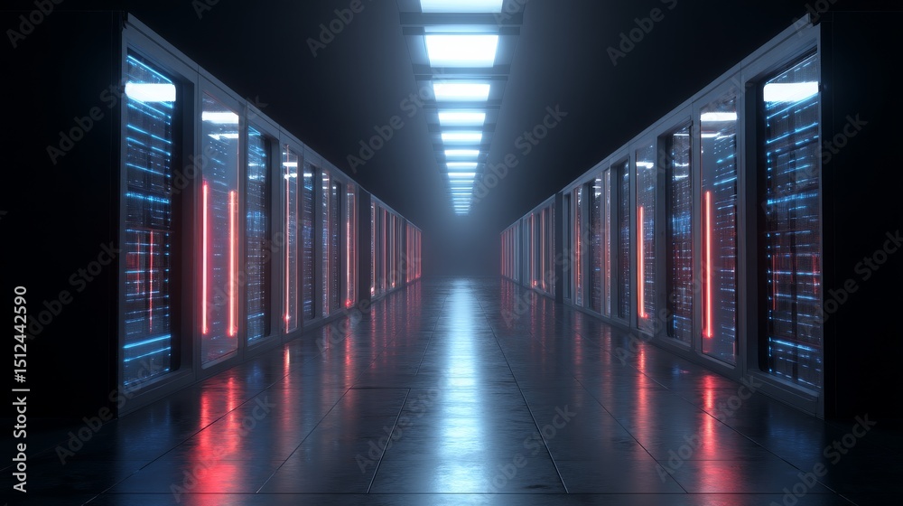 Fototapeta premium Neon Server Room Long Corridor, Red and Blue Lights, Data Center, 3D Render, Cyberpunk Cyberpunk, Data Storage