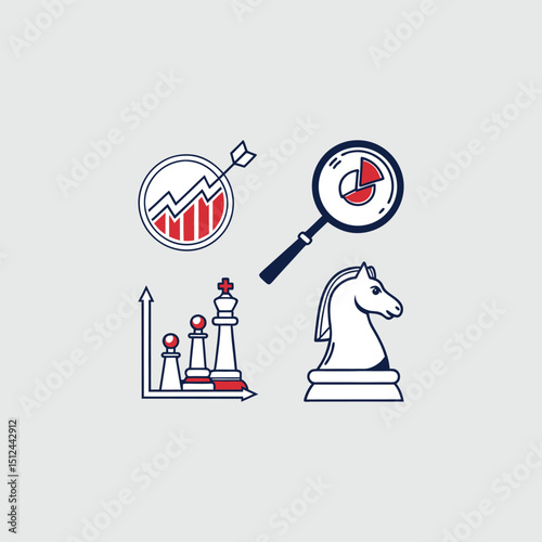 Business Strategy & Analysis Icons: Search, Target, Growth & Leadership