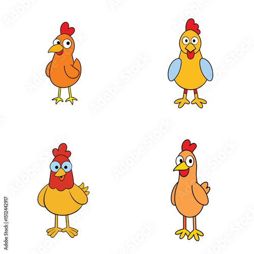 Four cartoon chickens with different colors and expressions standing on a white background looking forward