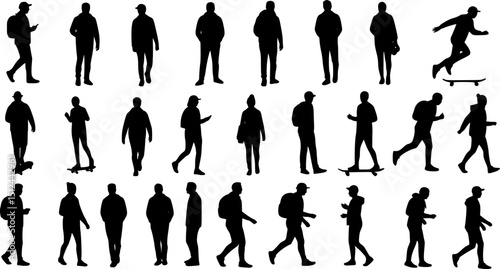 set of Silhouettes men, women, teenagers and children standing, walking, , skateboarding, linear sketch, black color, vector, group recreation people, students,  on white background