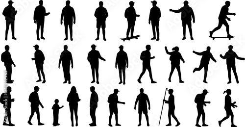 set of Silhouettes men, women, teenagers and children standing, walking, , skateboarding, linear sketch, black color, vector, group recreation people, students,  on white background