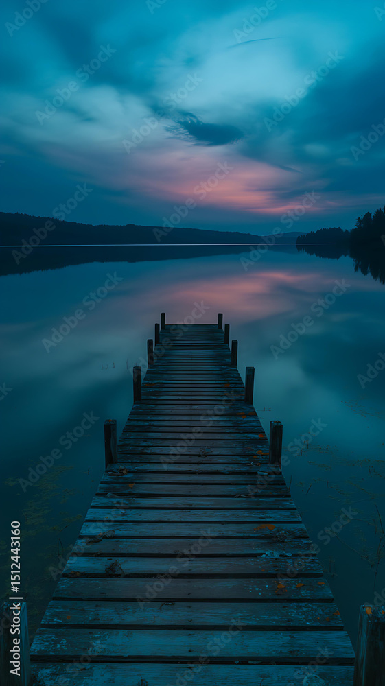 Obraz premium Wooden dock extending into a calm lake reflecting the colorful sunset sky