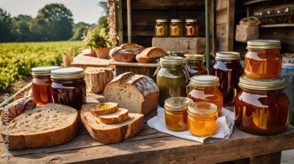 Fototapeta premium Rustic Farm Market Display Honey, Bread, and Preserves