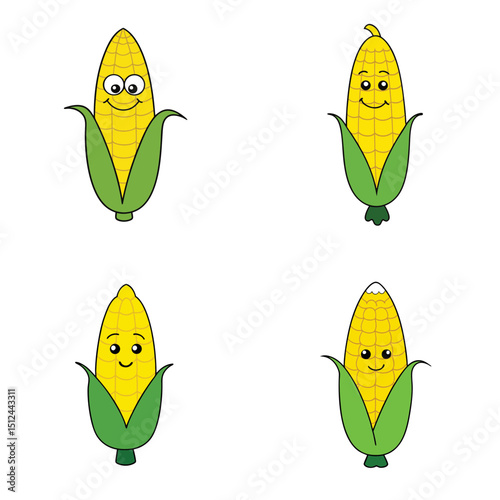 Four cartoon corn cobs with different facial expressions arranged on a white background in a square grid