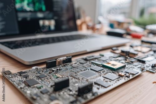 Top-down view of an open laptop showing internal components motherboard, battery, RAM, and SSD placed on a clean workspace, soft natural lighting.