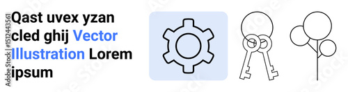 Outline drawings of a gear, crossed keys, and balloons emphasizing creativity, security, and celebration. Ideal for business, security, festivity, teamwork innovation creativity and a simple