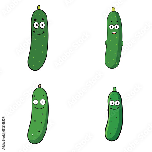 Four cartoon pickles with varying expressions on a white background in a square arrangement