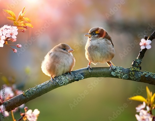 funny little birds sit on a branch in a spring