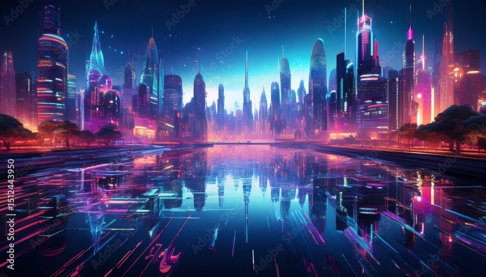 Fototapeta premium futuristic cityscape bathed in neon lights reflected in tranquil water creating a mesmerizing urban scene at night