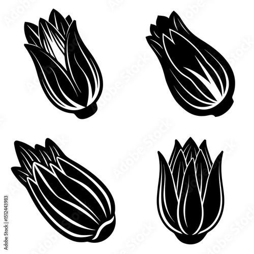 Four stylized flower buds in black and white showing closed petals in various orientations and angles