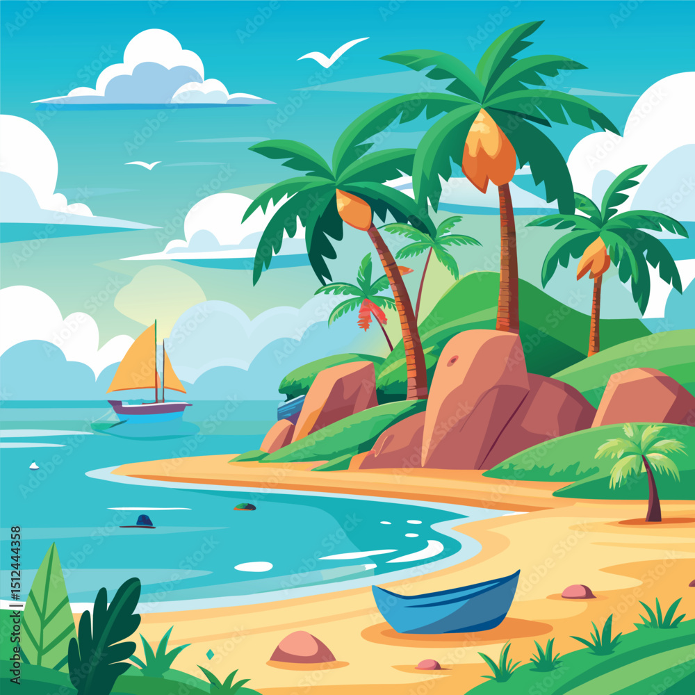 Top view of the ocean beach with soft waves summer landscape flat landscape illustration