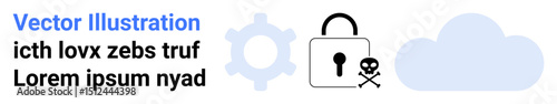 Lock with keyhole and skull, gear, and cloud illustrating cybersecurity, data safeguard, threat prevention. Ideal for technology, IT, internet safety, hacking privacy online threat simple landing