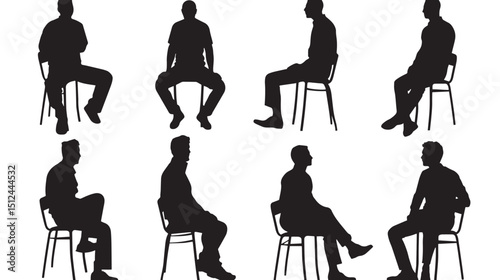 Man silhouette in various poses. Male silhouette sitting standing, black silhouettes isolated on white background 