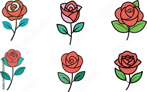 Colorful Decorative Rose Illustrations in Simple Style on White Background
