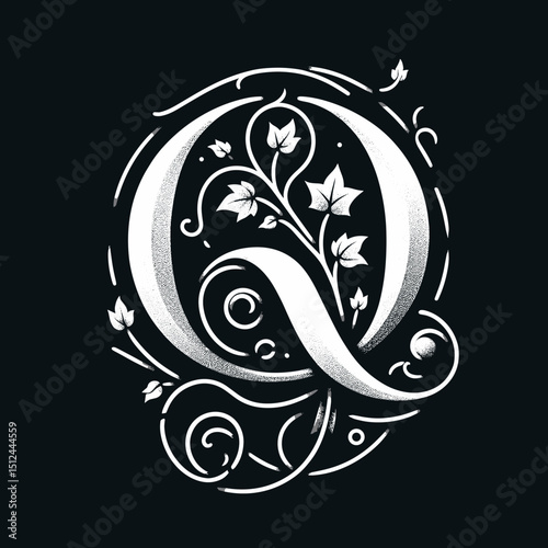 Ornate letter Q design with floral elements in monochrome style  