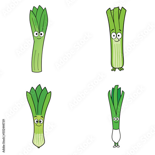 Four cartoon leeks with different expressions standing on a white background in a square format