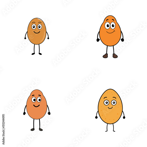 Four cartoon eggs with faces and limbs standing on a white background in a square arrangement