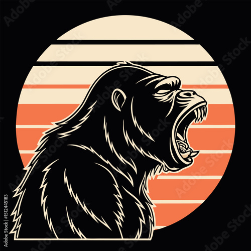 Bold and striking t-shirt design featuring a fierce gorilla in profile, set against a retro sunset backdrop. Perfect for animal lovers and those who appreciate unique graphic art.