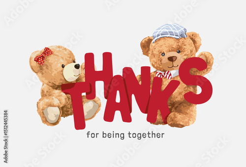 thanks slogan with cute bear doll couple with red bow vector illustration created by hand drawn
